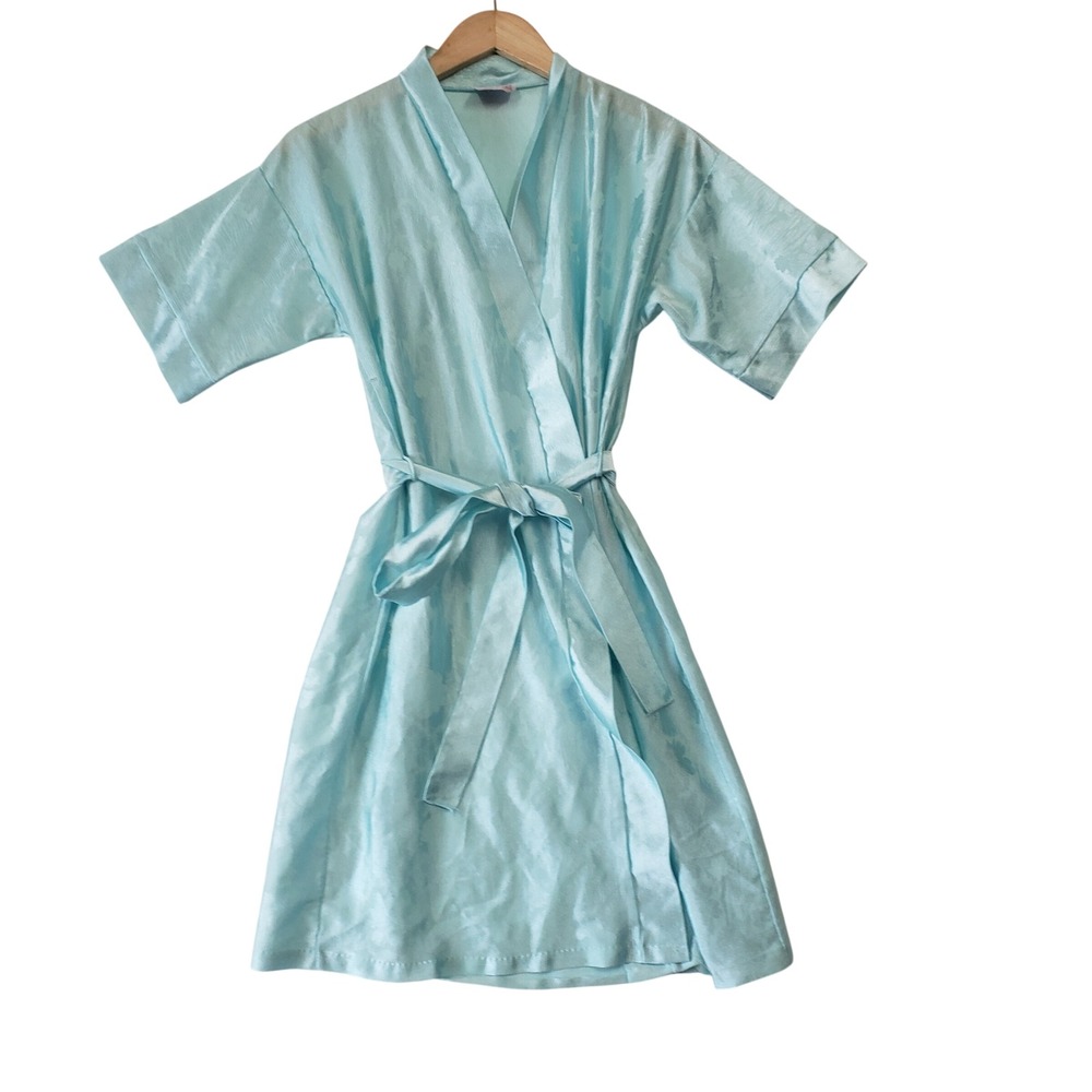 Jasmine Rose Robe Womens Vintage 90s Blue Floral Jacquard Satin Kimono Sleepwear